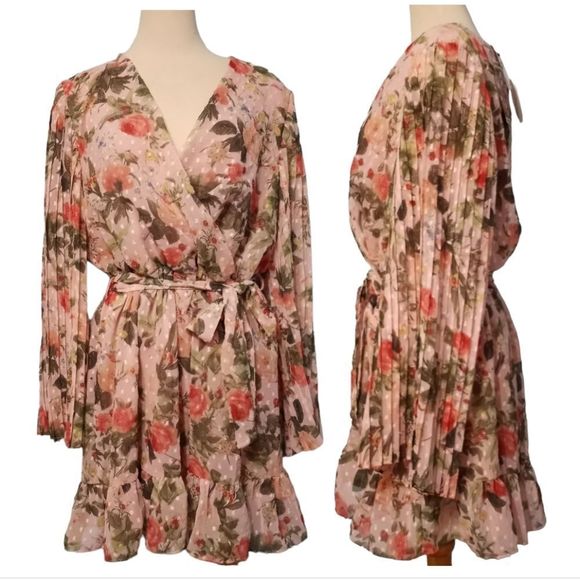 Boohoo Floral Print Belted Skater Dress Pleated Sleeve Size 12 Pink NWT - Picture 3 of 13